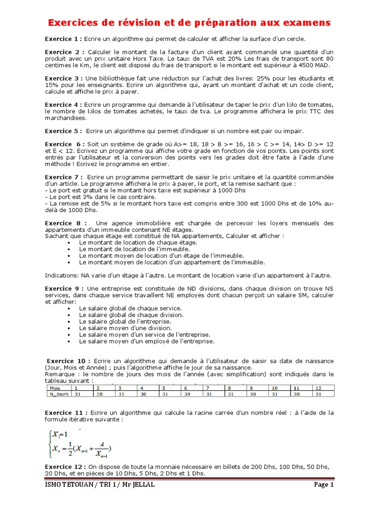 Exercices d'algorithmes et de programmation | PDF | Entier naturel ...