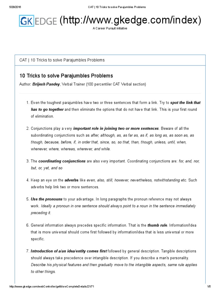 CAT - 10 Tricks To Solve Parajumbles Problems | PDF | Cognition | Human ...