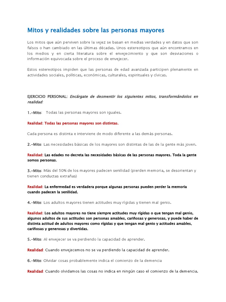Mitos y realidades sobre la vejez | PDF | Vejez | Ciencias del ...