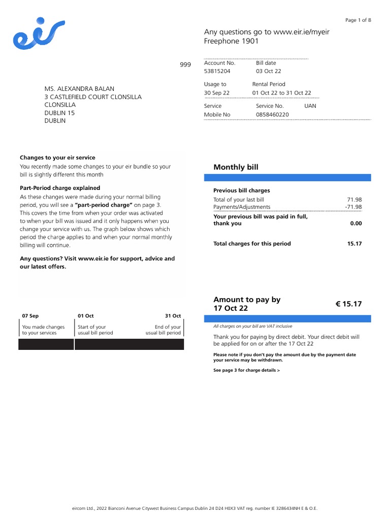 Any questions go to www eir ie myeir freephone 1901 monthly bill