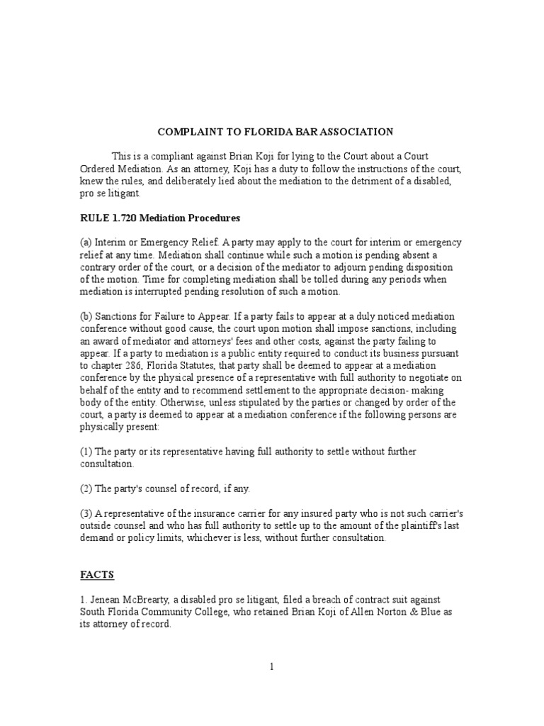Complaint To Florida Bar Association Against Brian Koji PDF