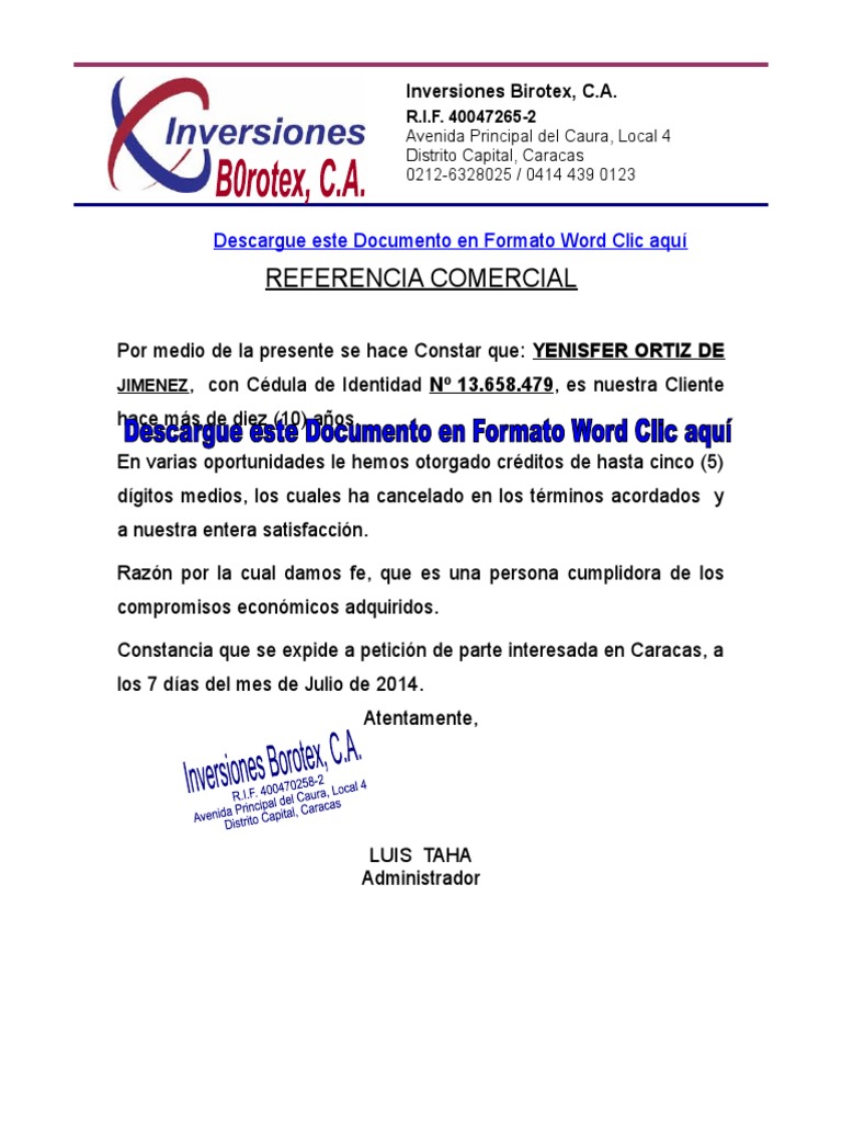 Formato CARTA DE REFERENCIA COMERCIAL  Venezuela 