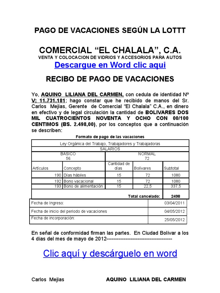 Formato Modelo de Recibo de Pago de Vacaciones Según La LOTTT | PDF