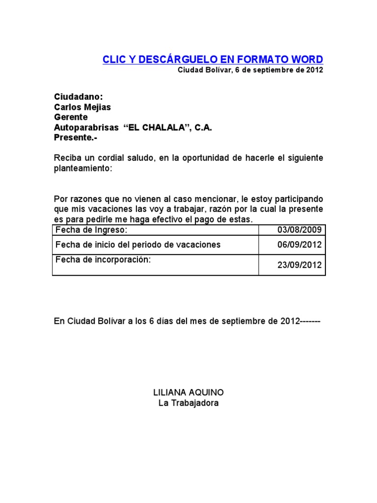 Formato Recibo Pago de Vacaciones Según la LOTTT