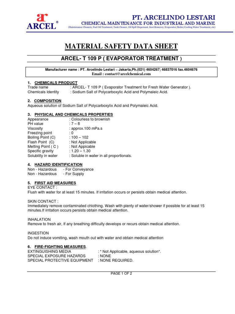 01 MSDS Arcel T 109P PDF Water Water Treatment