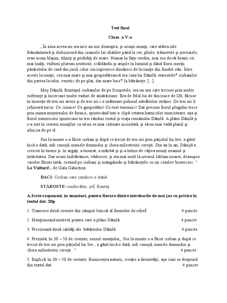 Test Final Clasa Av A 1 | PDF