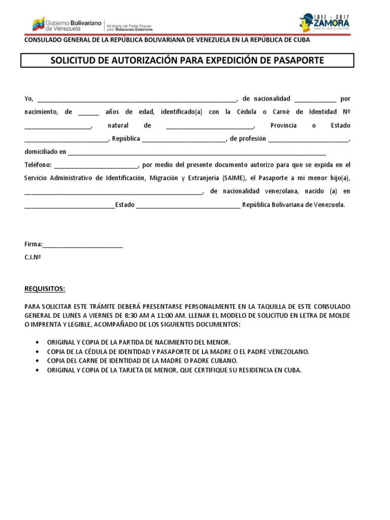 Solicitud de autorizacion para expedicion de pasaporte a menor saime pdf