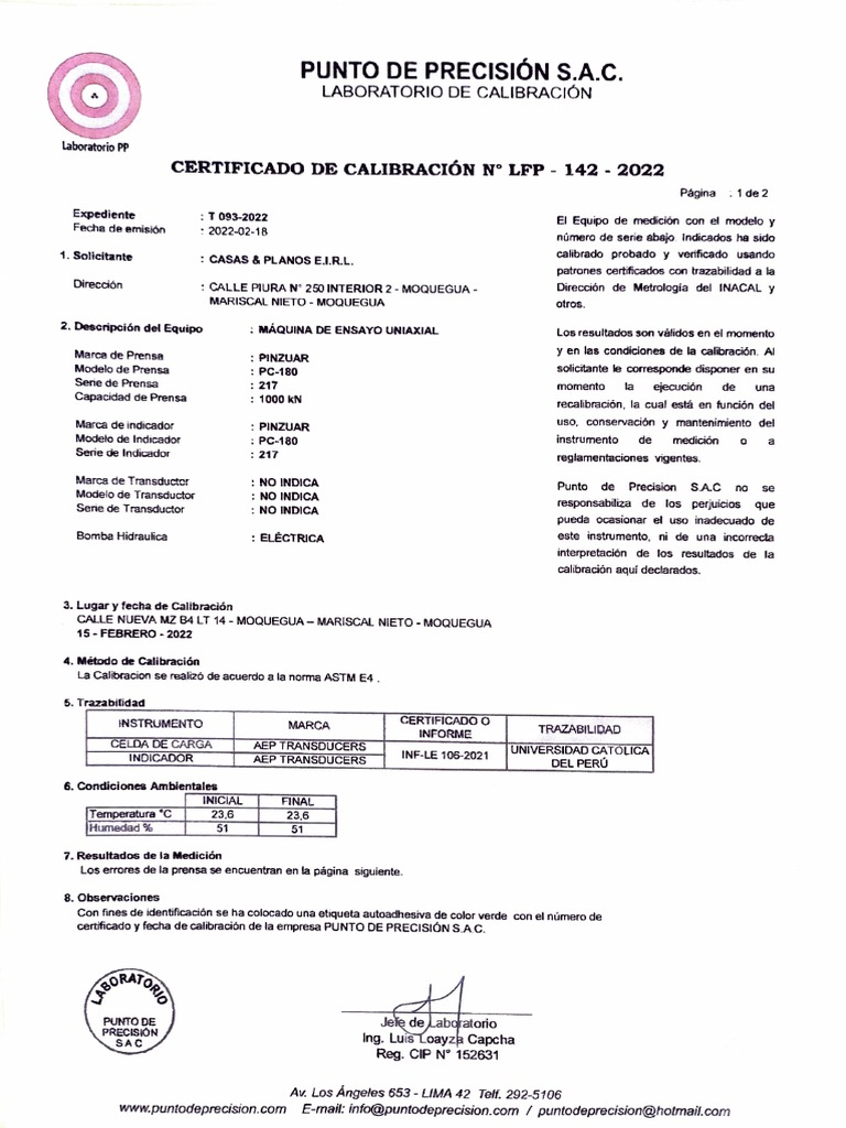 Calibración y Certificación de Prensa Hidraulica
