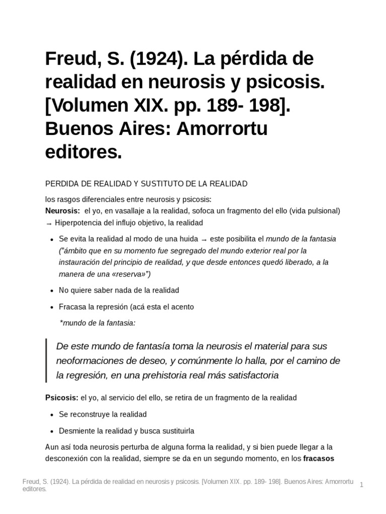 Freud, S. (1924) La Pérdida de Realidad en Neurosis y Psicosis. (Volumen XIX. Pp. 189 198