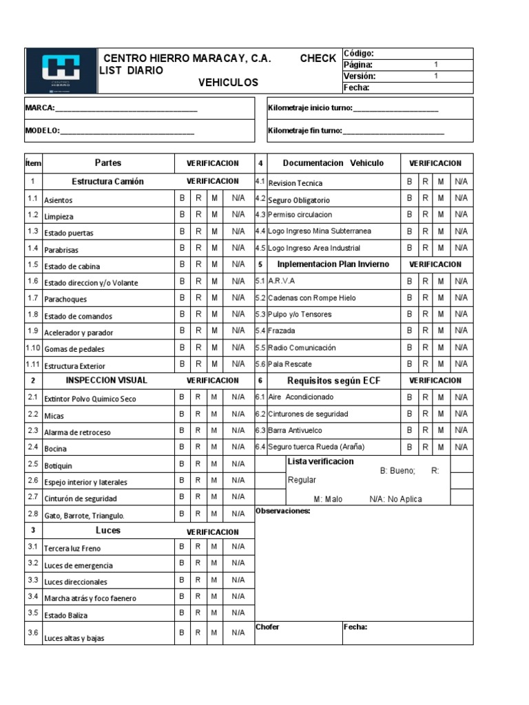 CHECK LIST Diario Vehiculos | PDF | Tecnologías automotrices ...