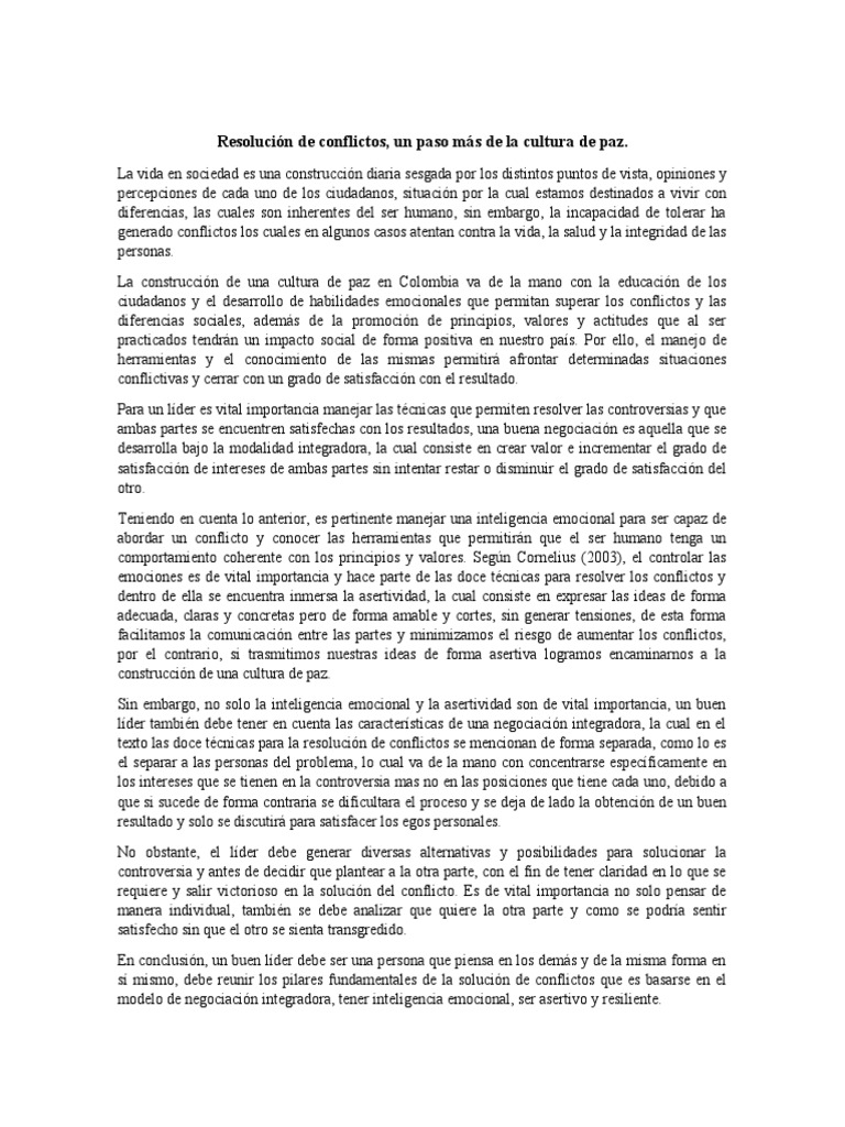 Resolución de Conflictos y Cultura de Paz | PDF | Las emociones ...