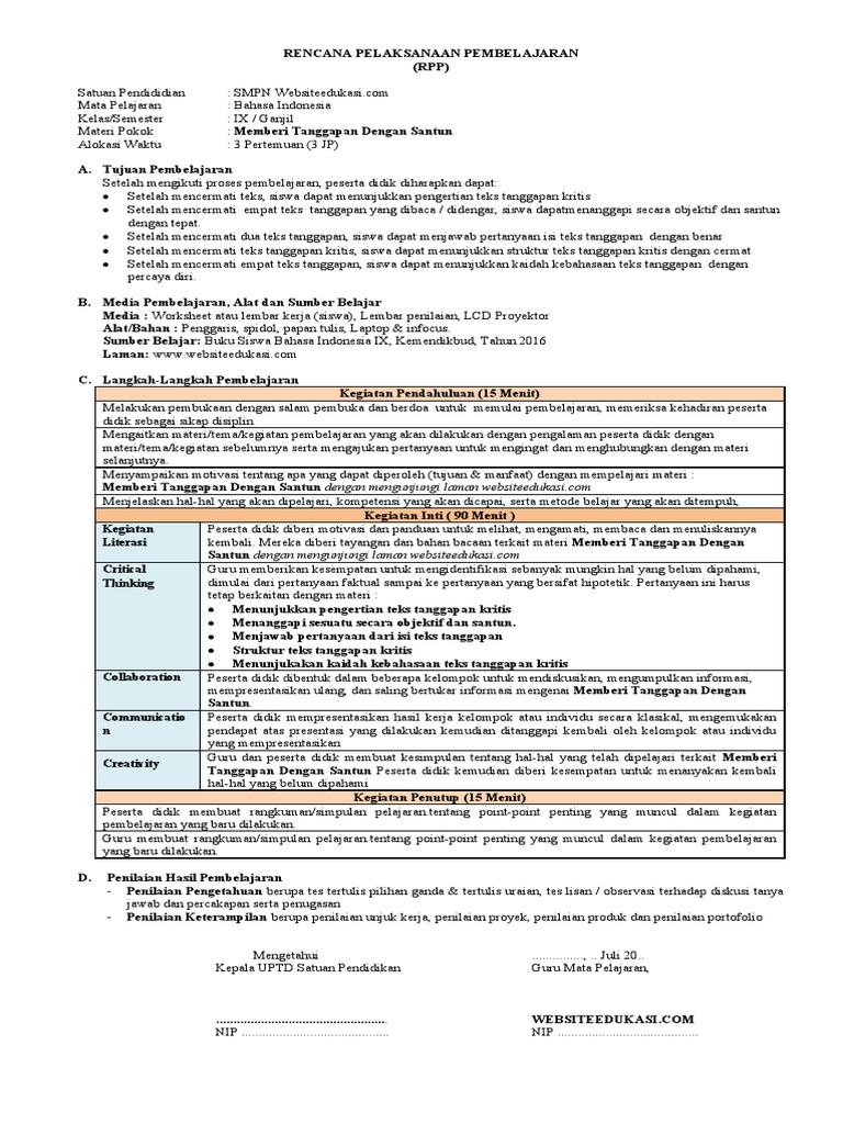 RPP 1 Lembar B.indo Kelas 9 k13 | PDF