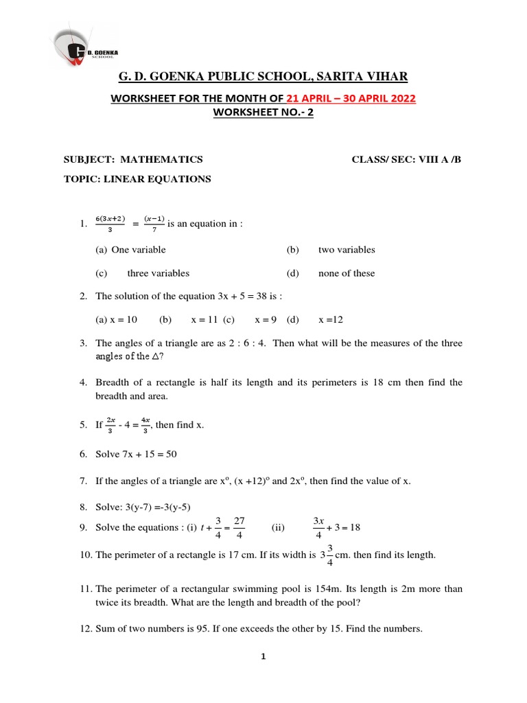 Mathematics Worksheet: Linear Equations | PDF | Teaching Methods ...