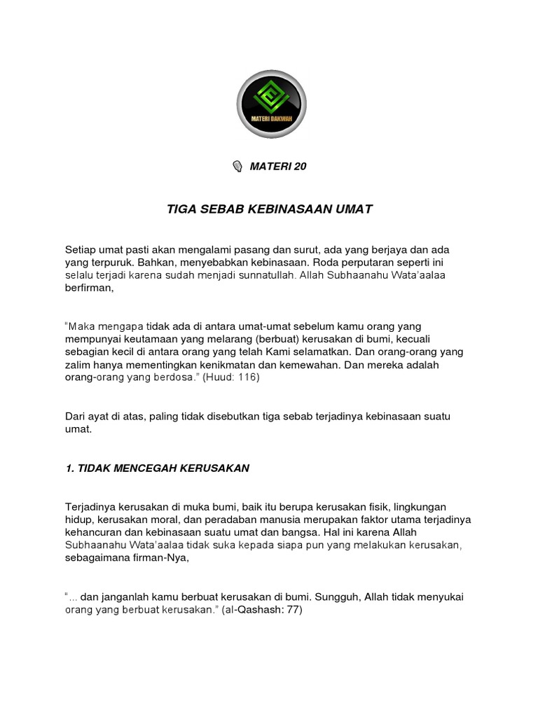 Materi 20 Tiga Sebab Kebinasaan Umat | PDF