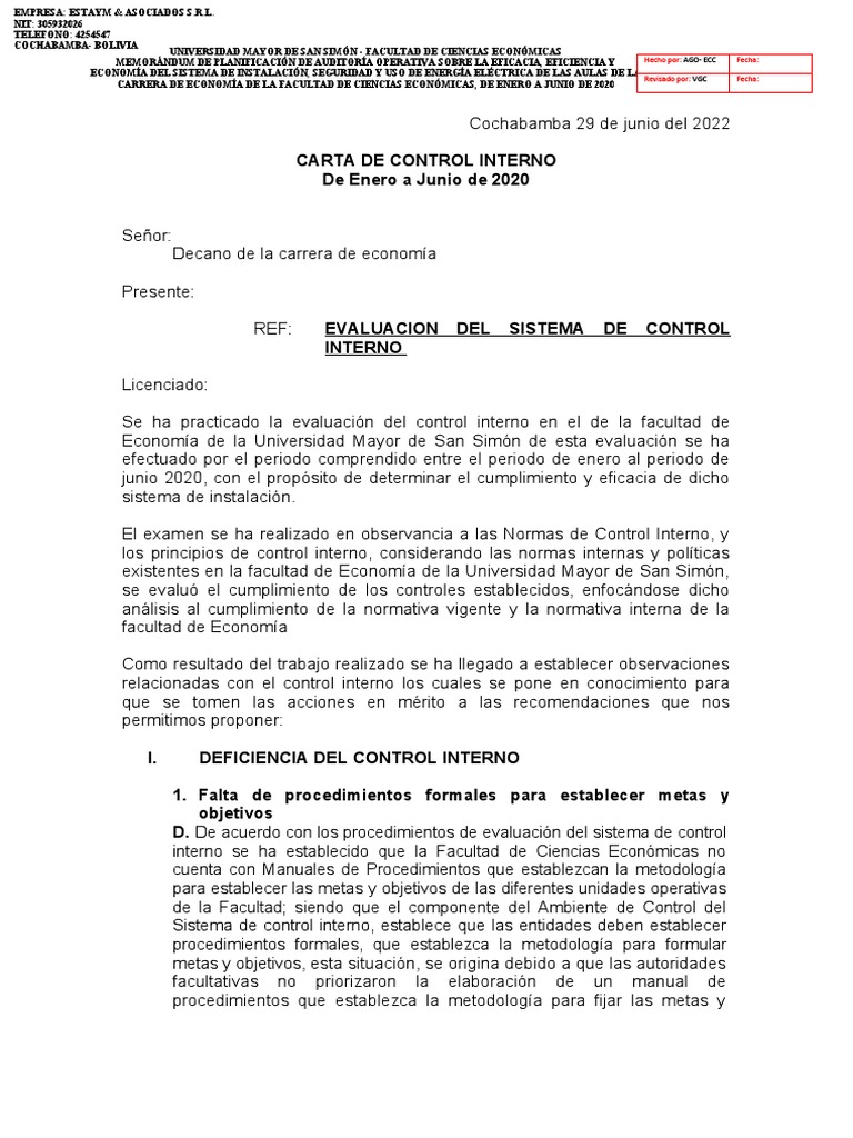Informe de Control Interno | PDF | Auditoría | Economias