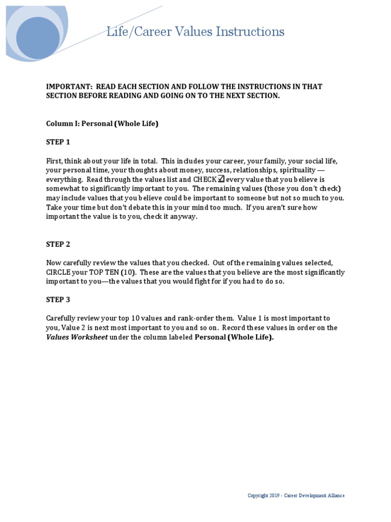 Values sort instructions list 2019 pdf psychology