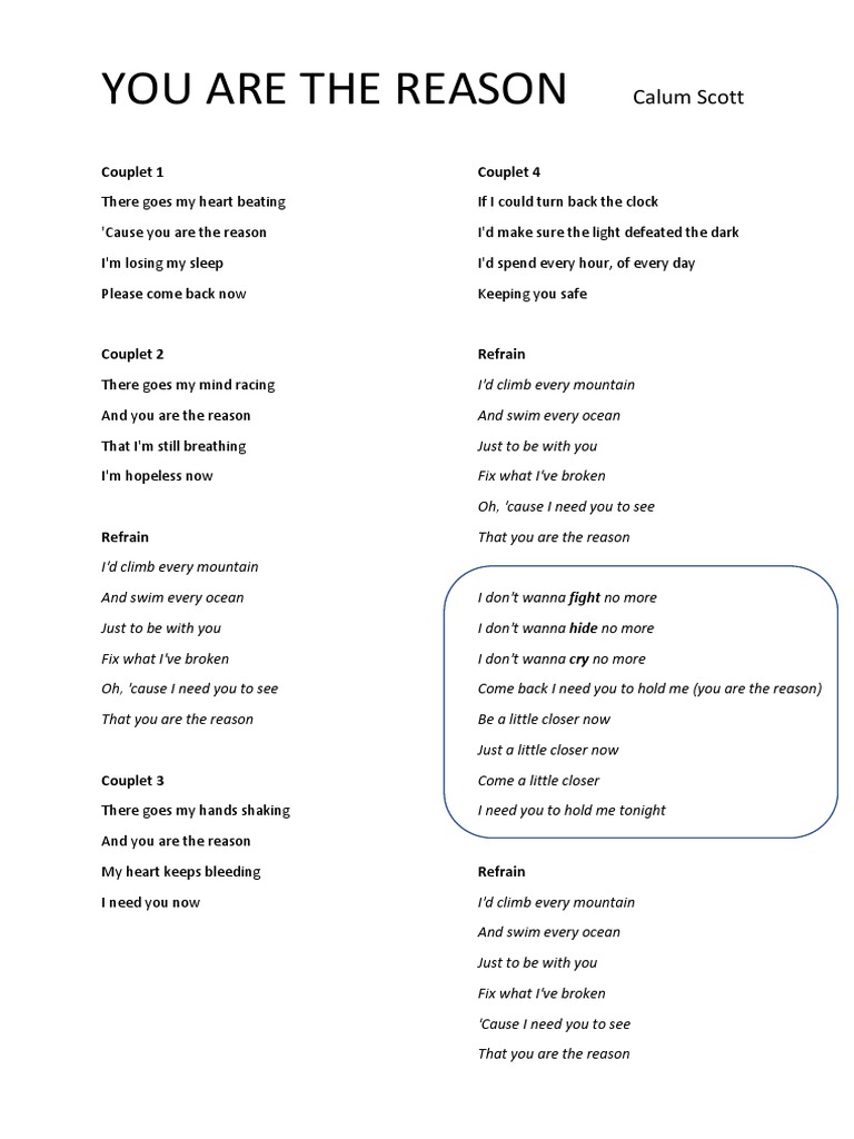 YOU ARE THE REASON Paroles PDF