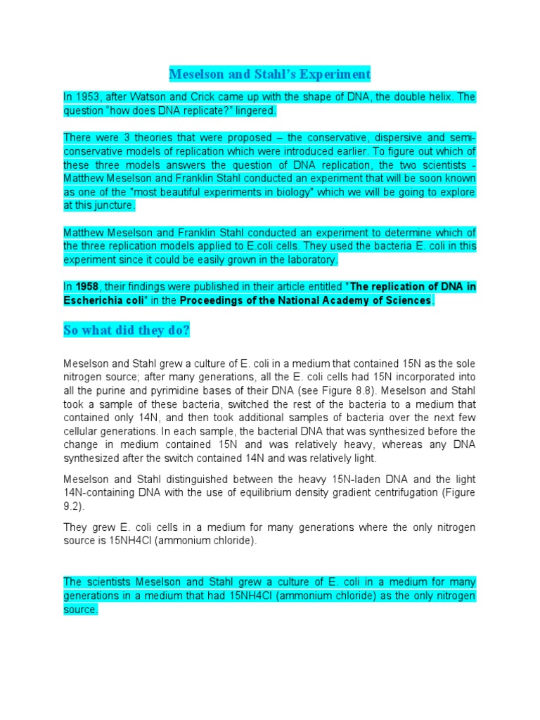 Meselson And Stahl Experiment Pdf Primer Molecular Biology Dna