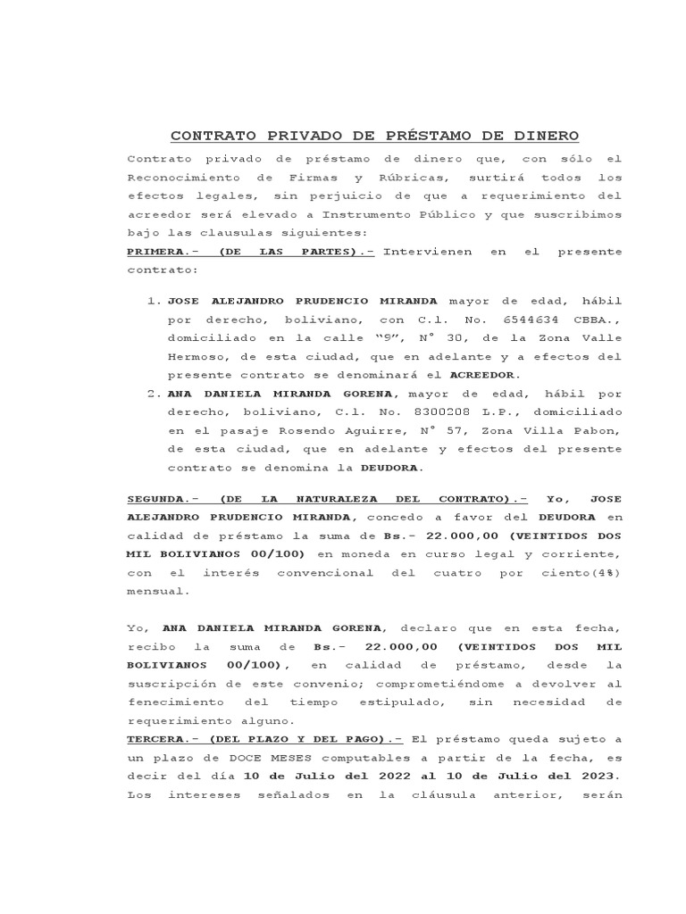 Contrato de Préstamo de Dinero Bolivia | PDF