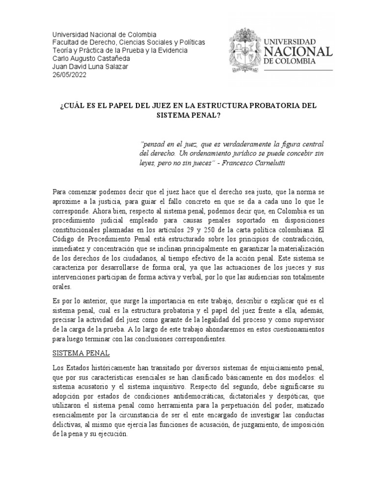 Cuál Es El Papel Del Juez en La Estructura Probatoria Del Sistema Penal ...