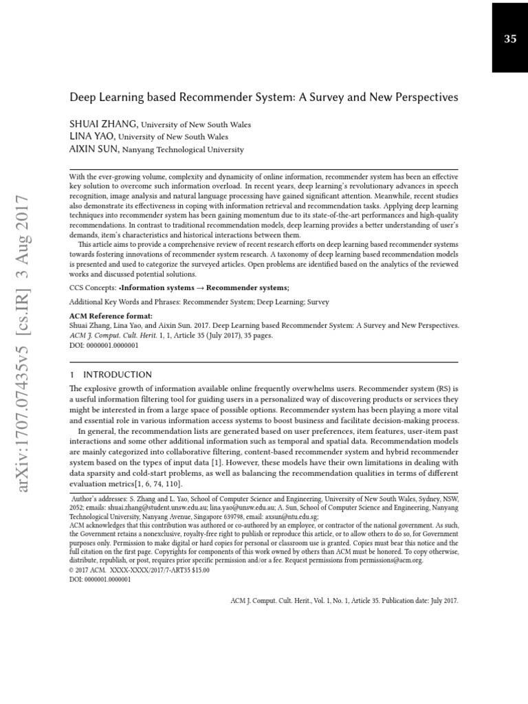 PDF) Deep Learning Based Recommender System: A Survey and New
