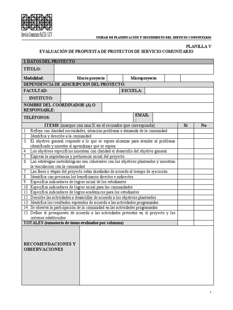 Planilla V Evluacion de Proyecto | PDF | Evaluación | Presupuesto