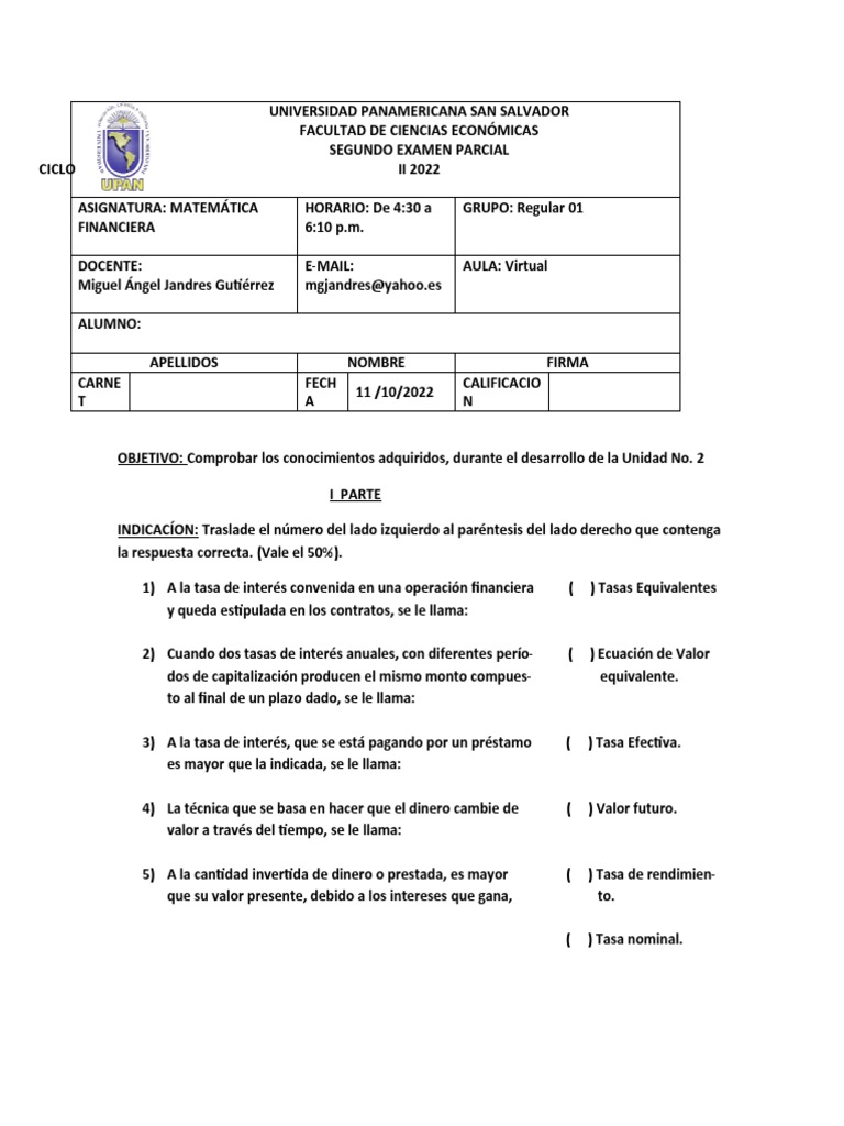 Examen Parcial de Matemática Financiera | PDF | Interés | Tasas de interés