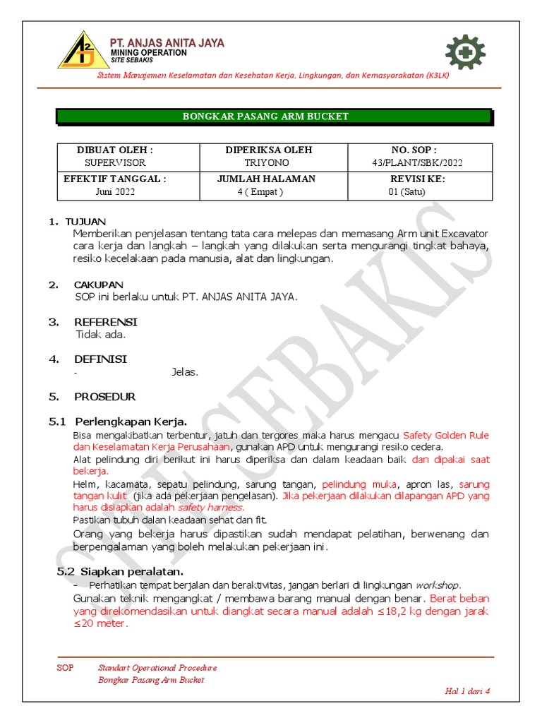 SOP - Bongkar Pasang Arm Excavator | PDF