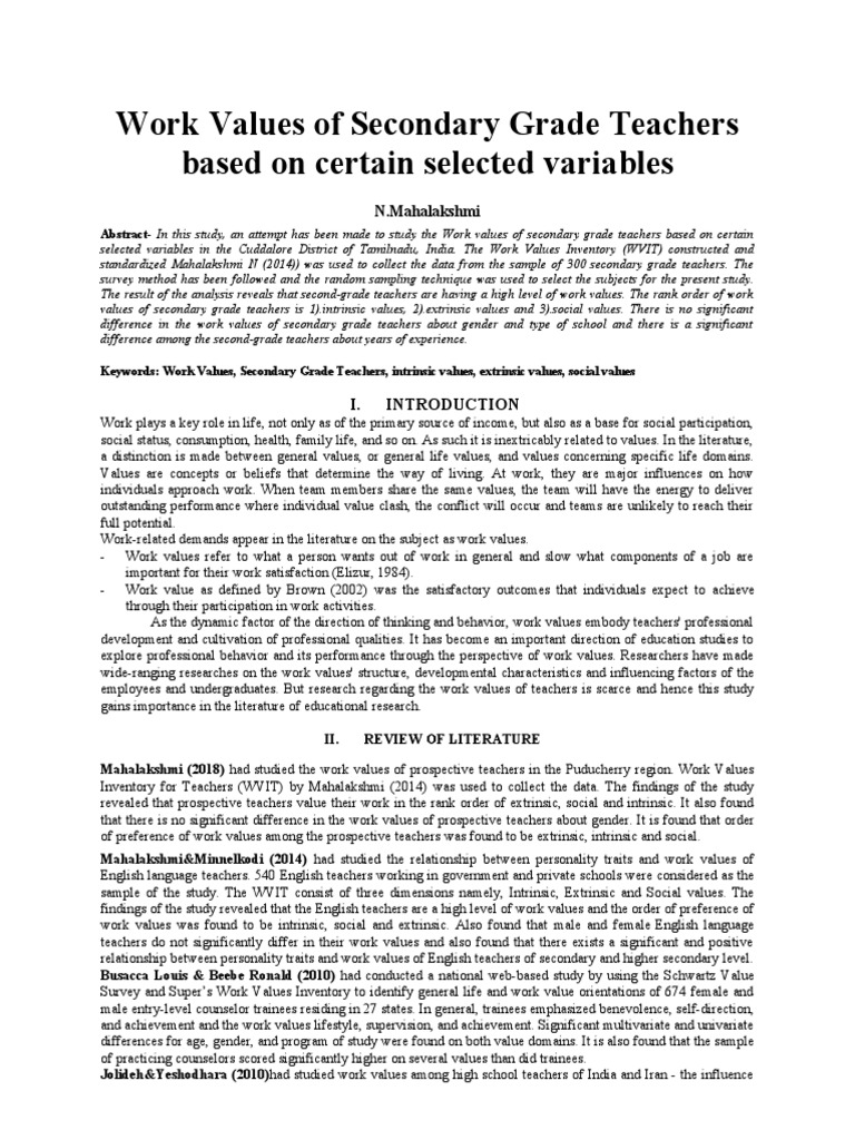 Work Values Of Secondary Grade Teachers Based On Certain Selected 