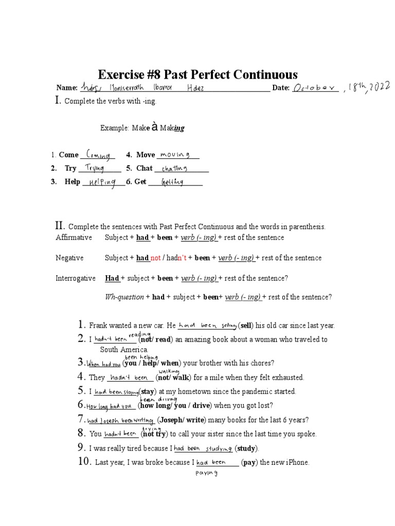 Past Perfect Continuous Exercises | PDF | Linguistics | Linguistic Typology
