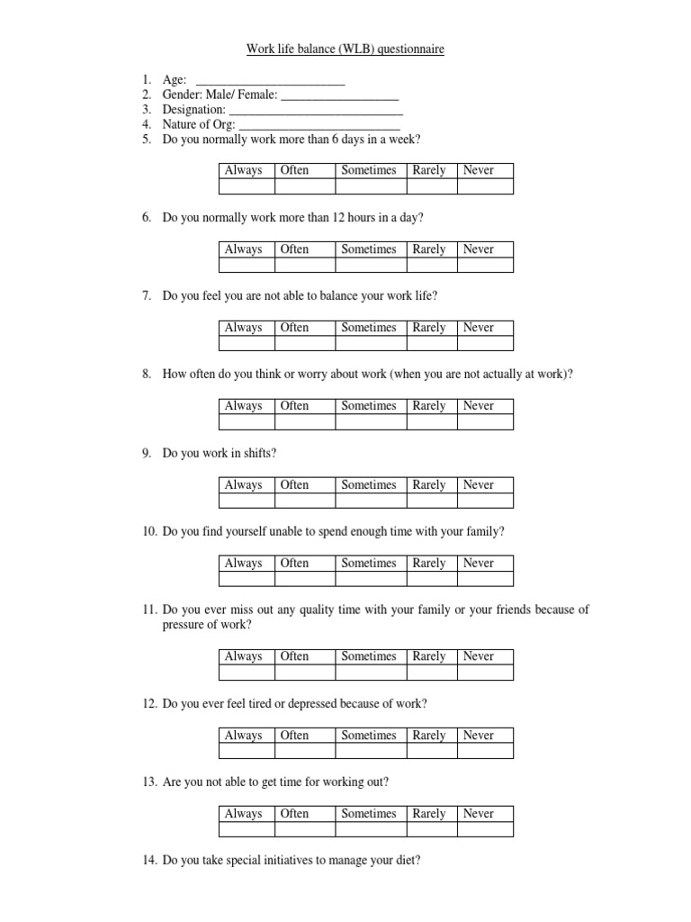 Work Life Balance WLB Questionnaire | PDF | Parental Leave ...