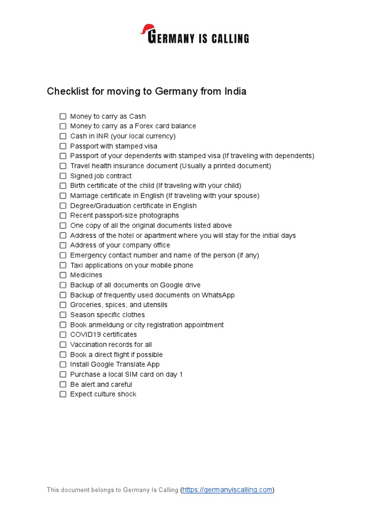 Checklist For Moving To Germany From India PDF