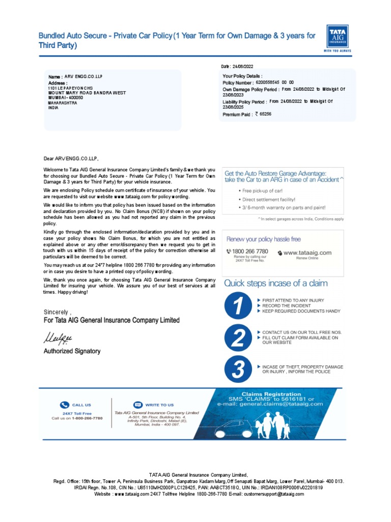 Tata AIG Motor Policy Schedule | PDF | Insurance | Deductible