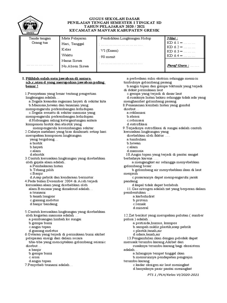 Penilaian Tengah Semester PLH Kelas VI | PDF
