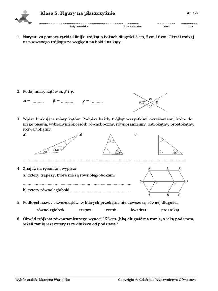 Figury Na Płaszczyźnie Klasa 6 Sprawdzian Pdf