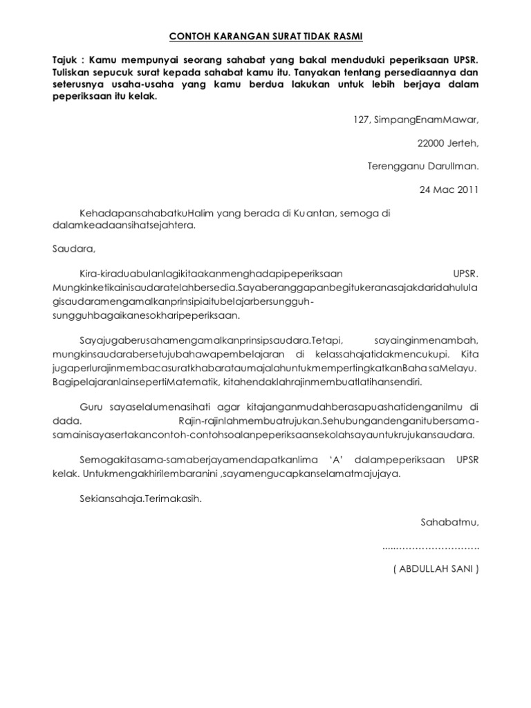 Contoh Karangan Surat Tidak Rasmi Pdf