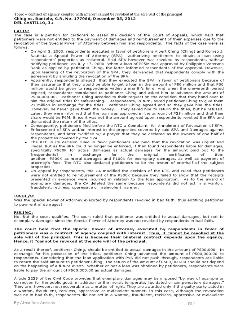 Ching vs. Bantolo, G.R. No. 177086 Case Digest (Contract of Agency