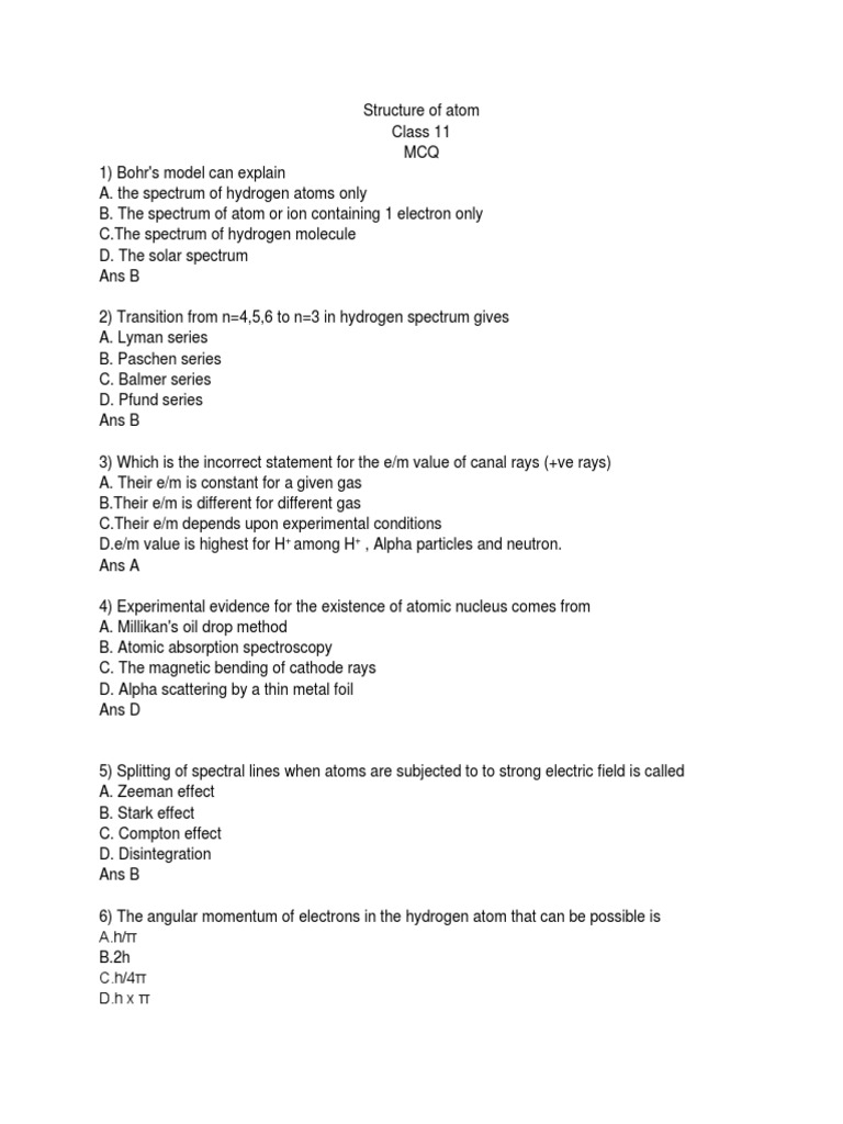 MCQ Structure Of Atom PDF Atomic Orbital Atoms