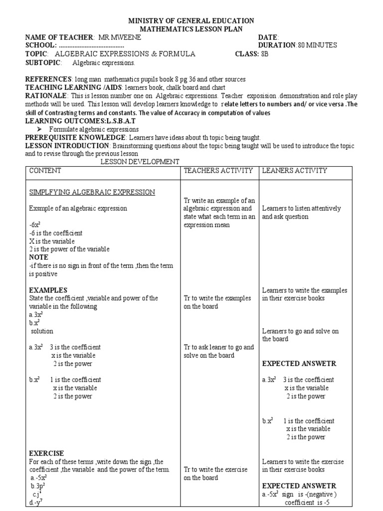 Class 8 Algebraic Expressions Lesson Plan | PDF | Learning | Variable ...