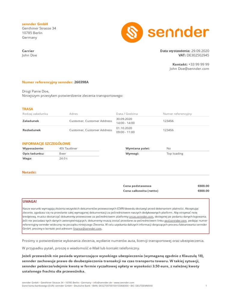 Sennder Dispatch Confirmation Polish | PDF