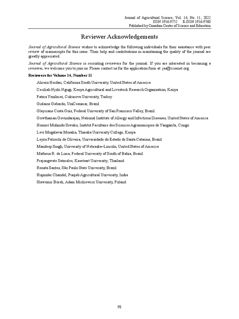 Reviewer Acknowledgements For Journal of Agricultu | PDF | Technology ...