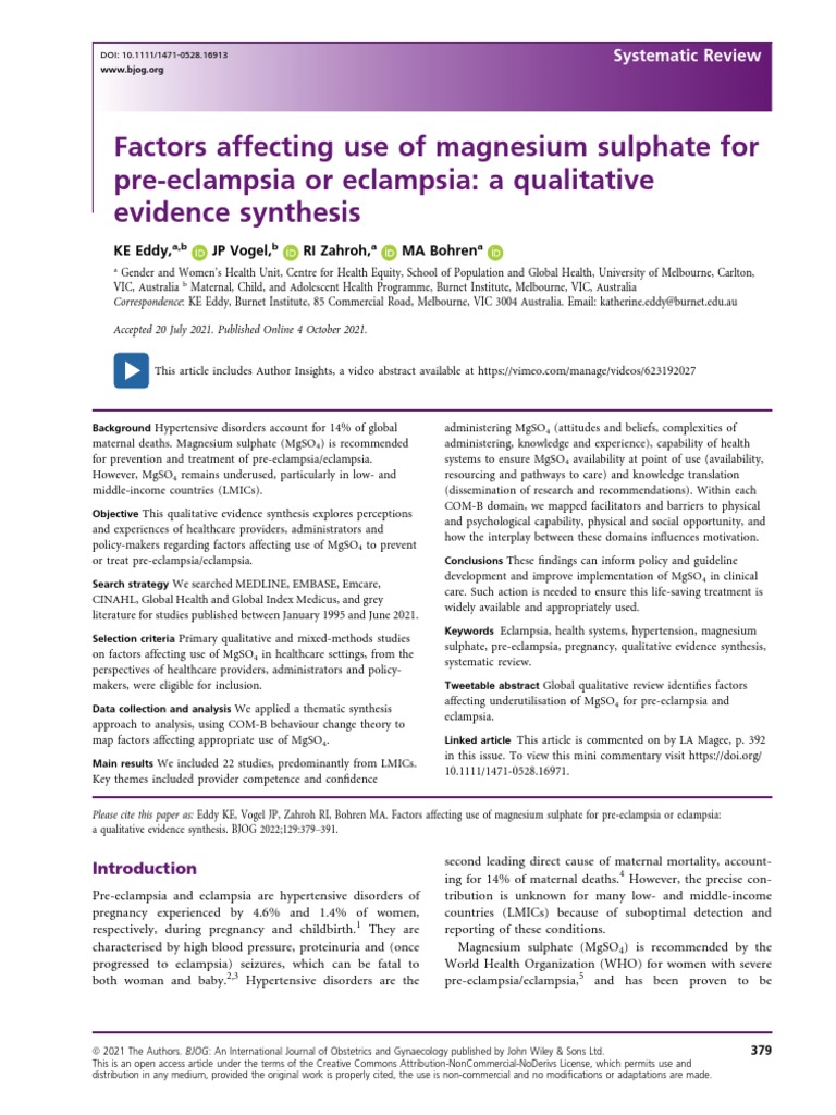 Factors Affecting Use of Magnesium Sulphate For PreEclampsia or
