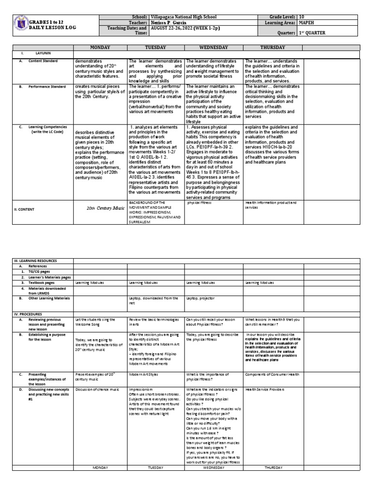 Grade 10 MAPEH Daily Lesson Plan | PDF