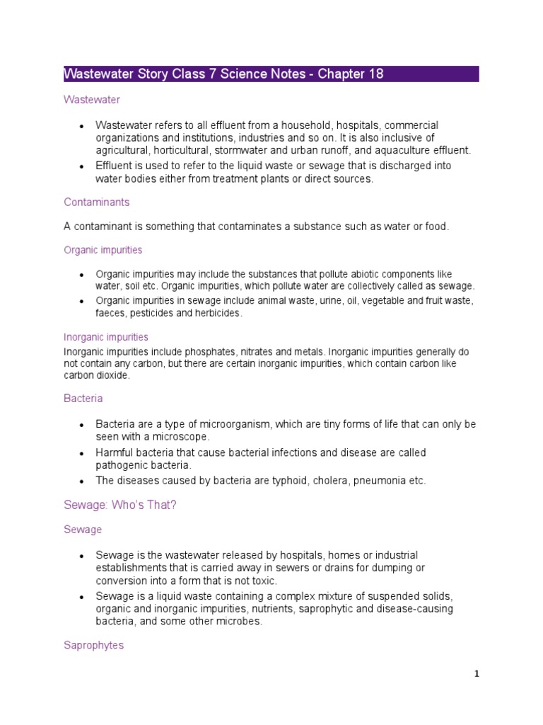 Wastewater Story Class 7 Science Notes PDF Sewage Treatment Sewage