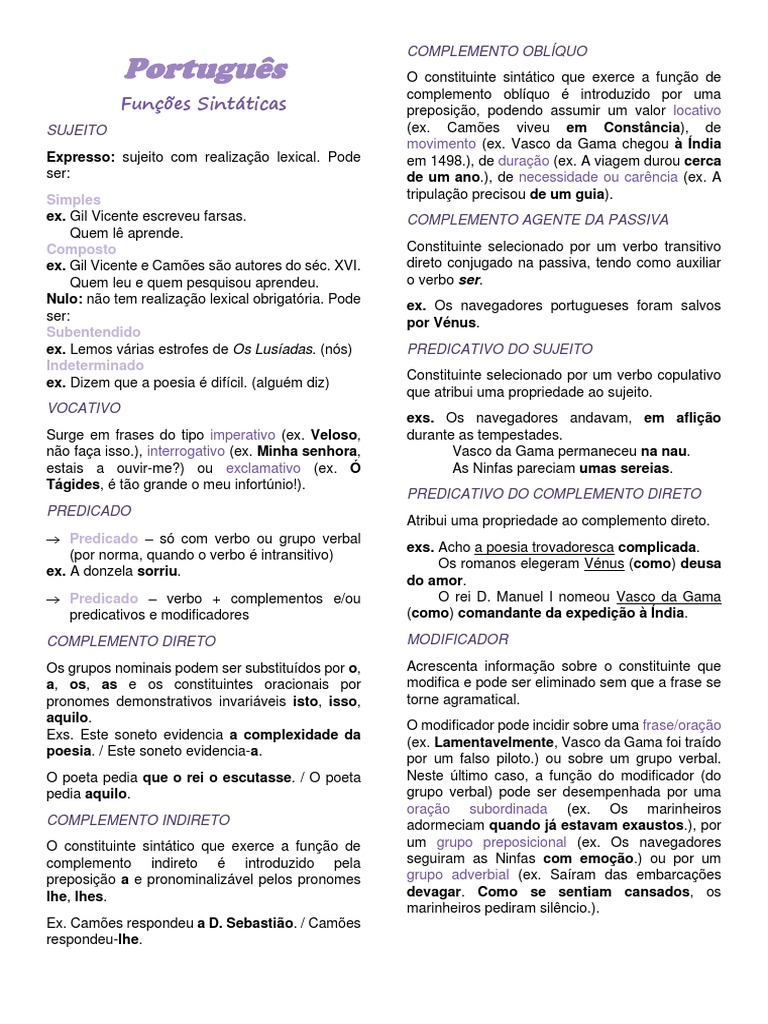 Funções Sintáticas na Língua Portuguesa | PDF | Assunto (gramática ...