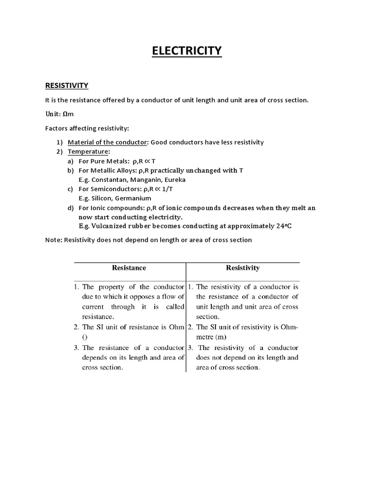 Electricity Notes PDF Electrical Resistance And Conductance