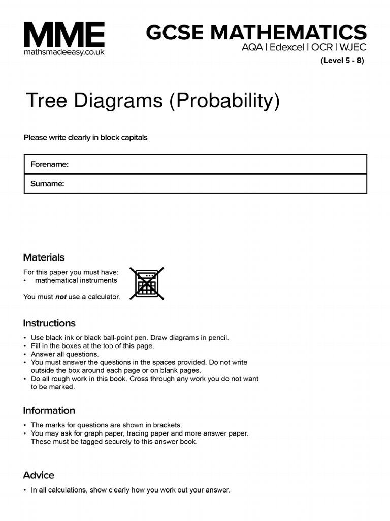 Probability and Tree Diagrams Questions MME PDF Probability