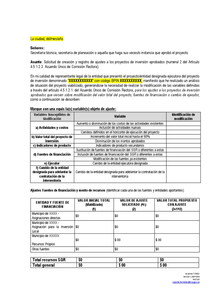 Solicitud de Ajustes a Proyectos de Inversión | PDF | Economias