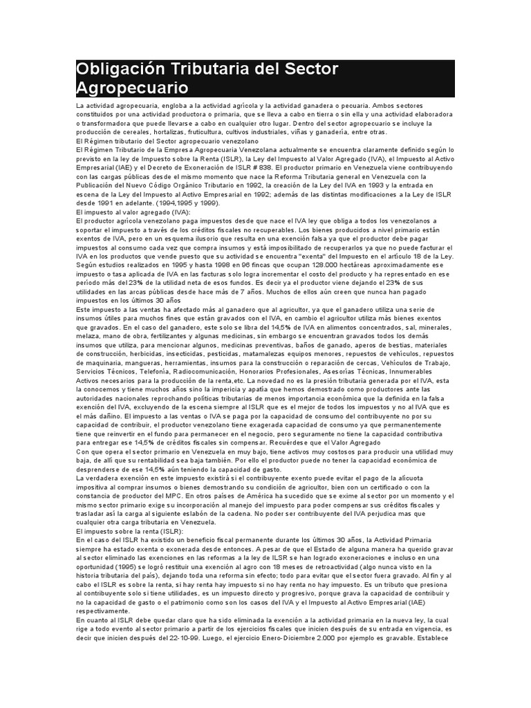 Obligaciones Fiscales Agropecuarias en Venezuela | PDF | Impuestos ...