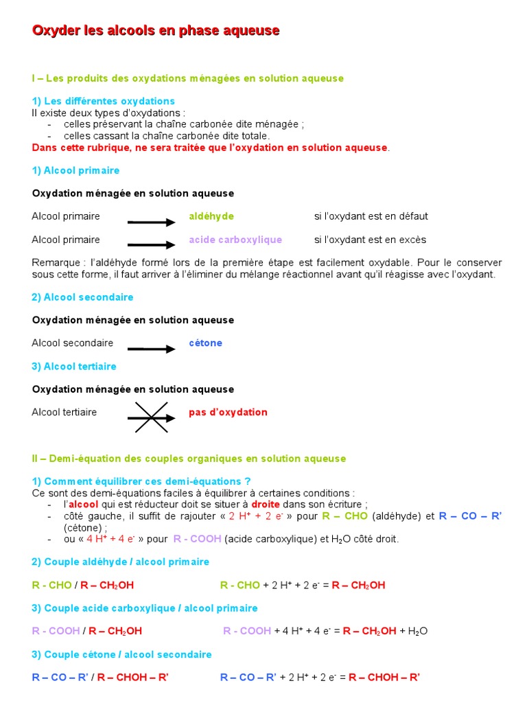 Oxydation des alcools en solution aqueuse | PDF | Aldéhyde | Réaction d ...